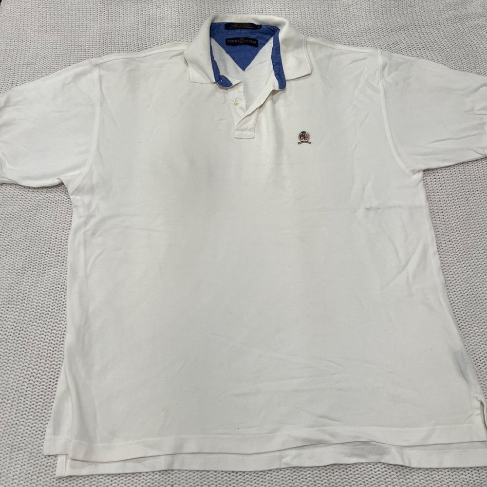 Tommy Hilfiger Mens White Cotton Polo Shirt Blue Contrast Collar XL Logo Crest